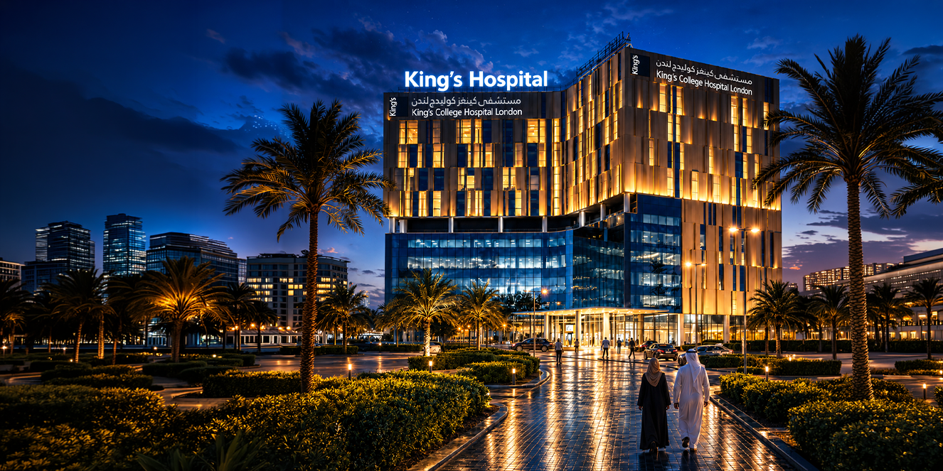 Nighttime exterior of a modern, illuminated hospital building labeled 'King’s Hospital' with palm trees and a reflective, wet walkway; two people walk toward the entrance.