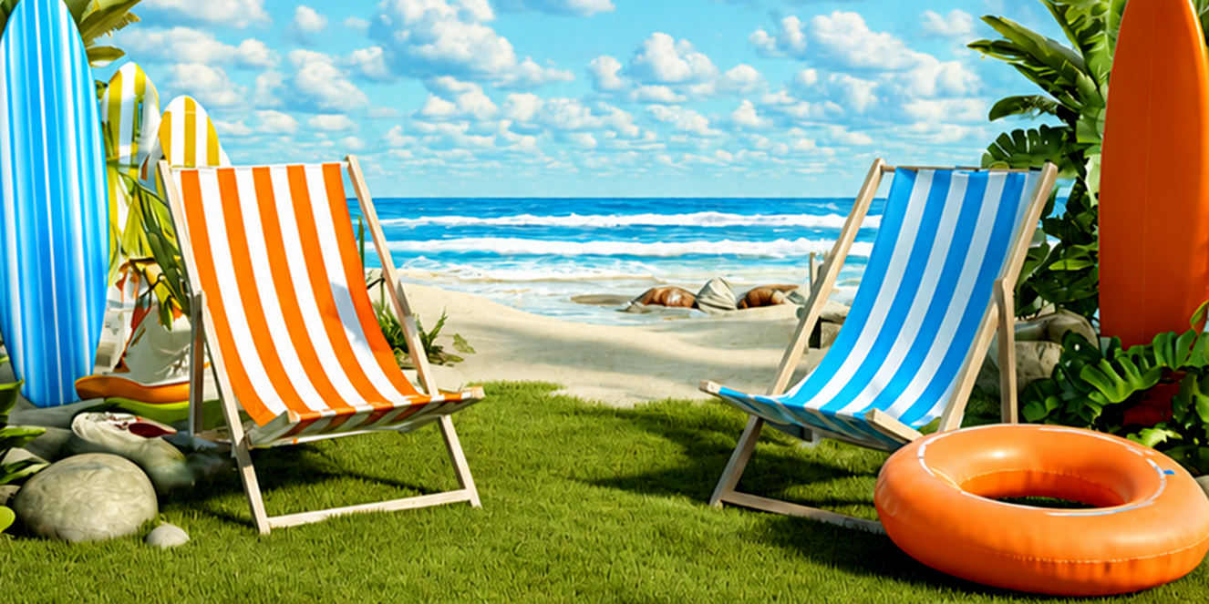 Beach scene with two colorful striped lounge chairs facing the ocean, orange and blue, on green grass with surfboards and an orange lifebuoy nearby.