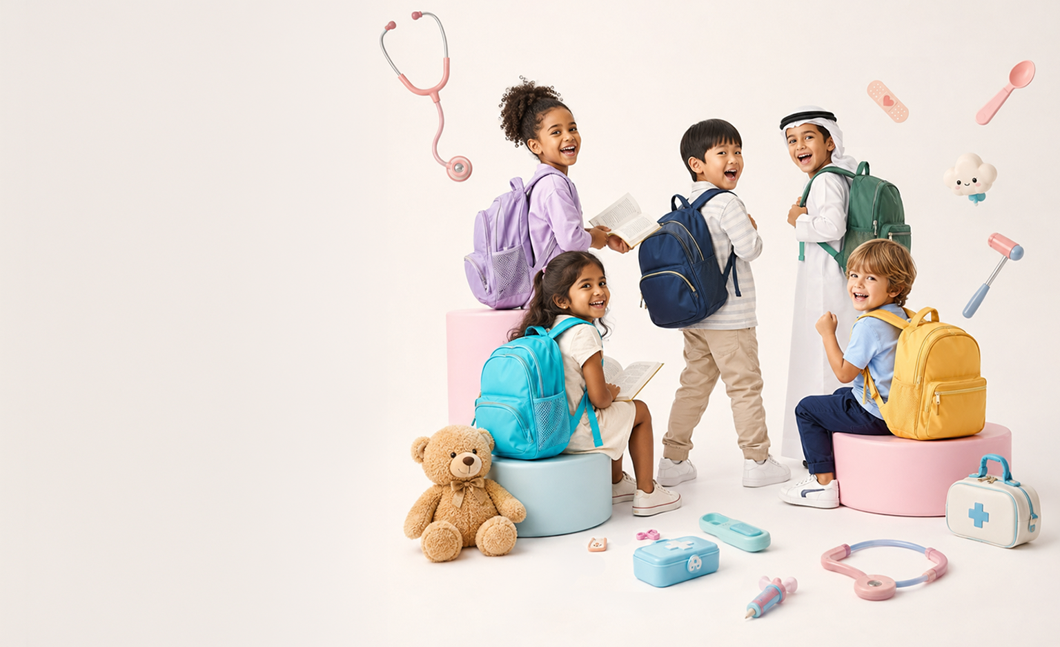 Five smiling children with colorful backpacks sit and stand on pastel blocks, surrounded by toy medical gear and a teddy bear, in a playful school‑ready scene.